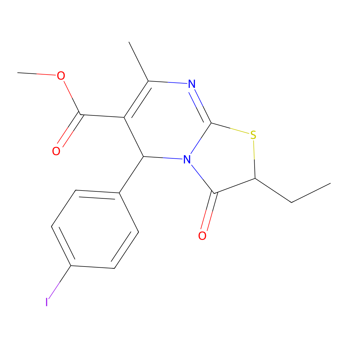 methyl 2-ethyl-5-(4-iodophenyl)-7-methyl-3-oxo-5H-[1,3]thiazolo[3,2-a]pyrimidine-6-carboxylate molecular structure, CAS 618080-10-7