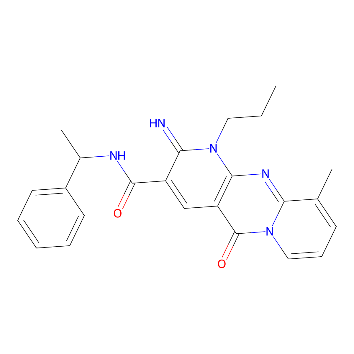6-imino-11-methyl-2-oxo-N-(1-phenylethyl)-7-propyl-1,7,9-triazatricyclo[8.4.0.0^{3,8}]tetradeca-3(8),4,9,11,13-pentaene-5-carboxamide molecular structure, CAS 618080-49-2