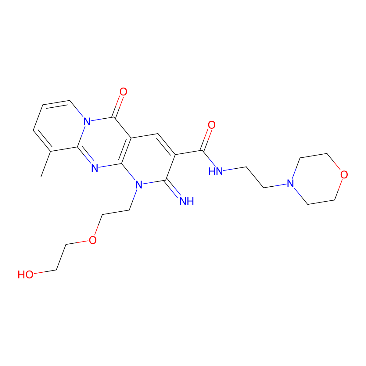 7-[2-(2-hydroxyethoxy)ethyl]-6-imino-11-methyl-N-[2-(morpholin-4-yl)ethyl]-2-oxo-1,7,9-triazatricyclo[8.4.0.0^{3,8}]tetradeca-3(8),4,9,11,13-pentaene-5-carboxamide molecular structure, CAS 618080-62-9