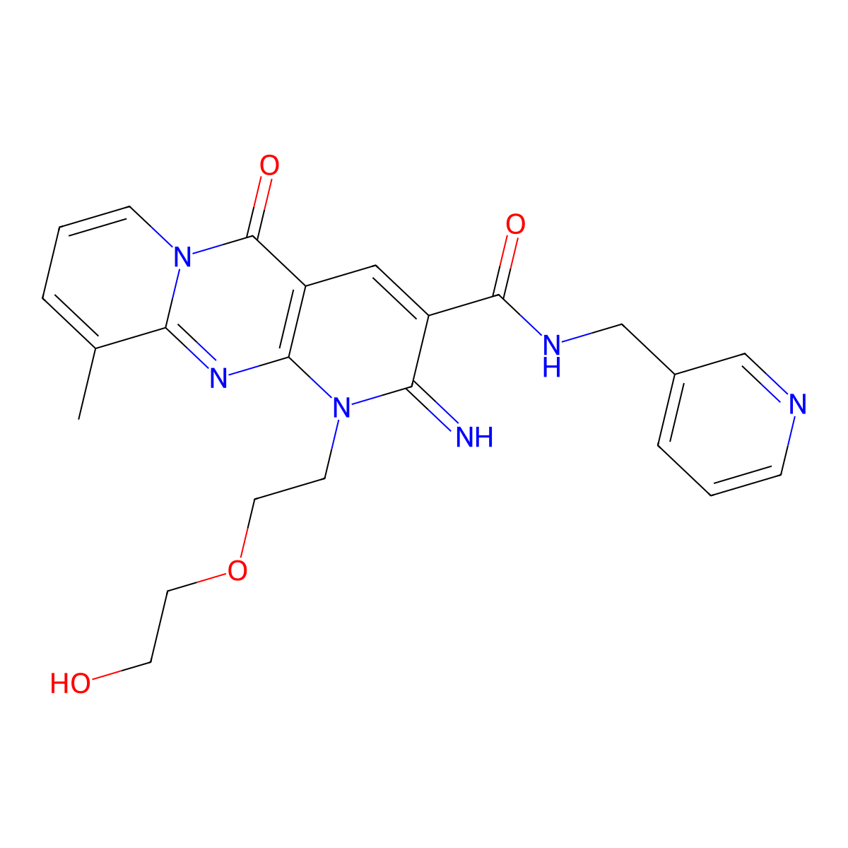 7-[2-(2-hydroxyethoxy)ethyl]-6-imino-11-methyl-2-oxo-N-[(pyridin-3-yl)methyl]-1,7,9-triazatricyclo[8.4.0.0^{3,8}]tetradeca-3(8),4,9,11,13-pentaene-5-carboxamide molecular structure, CAS 618080-65-2