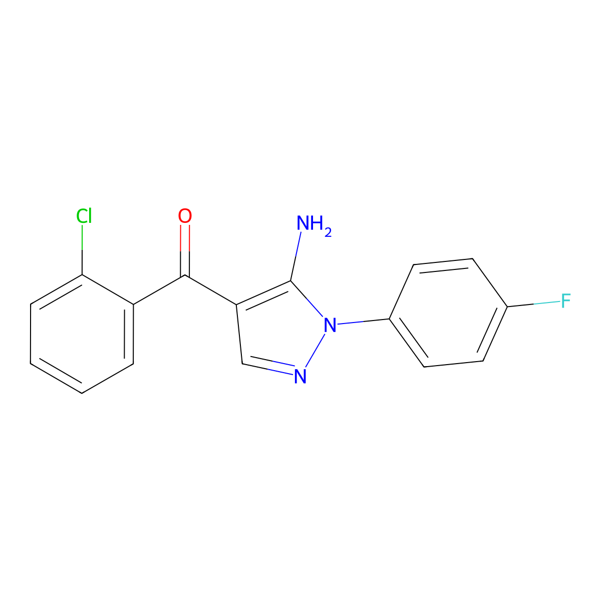 (5-Amino-1-(4-fluorophenyl)-1H-pyrazol-4-YL)(2-chlorophenyl)methanone molecular structure, CAS 618091-42-2