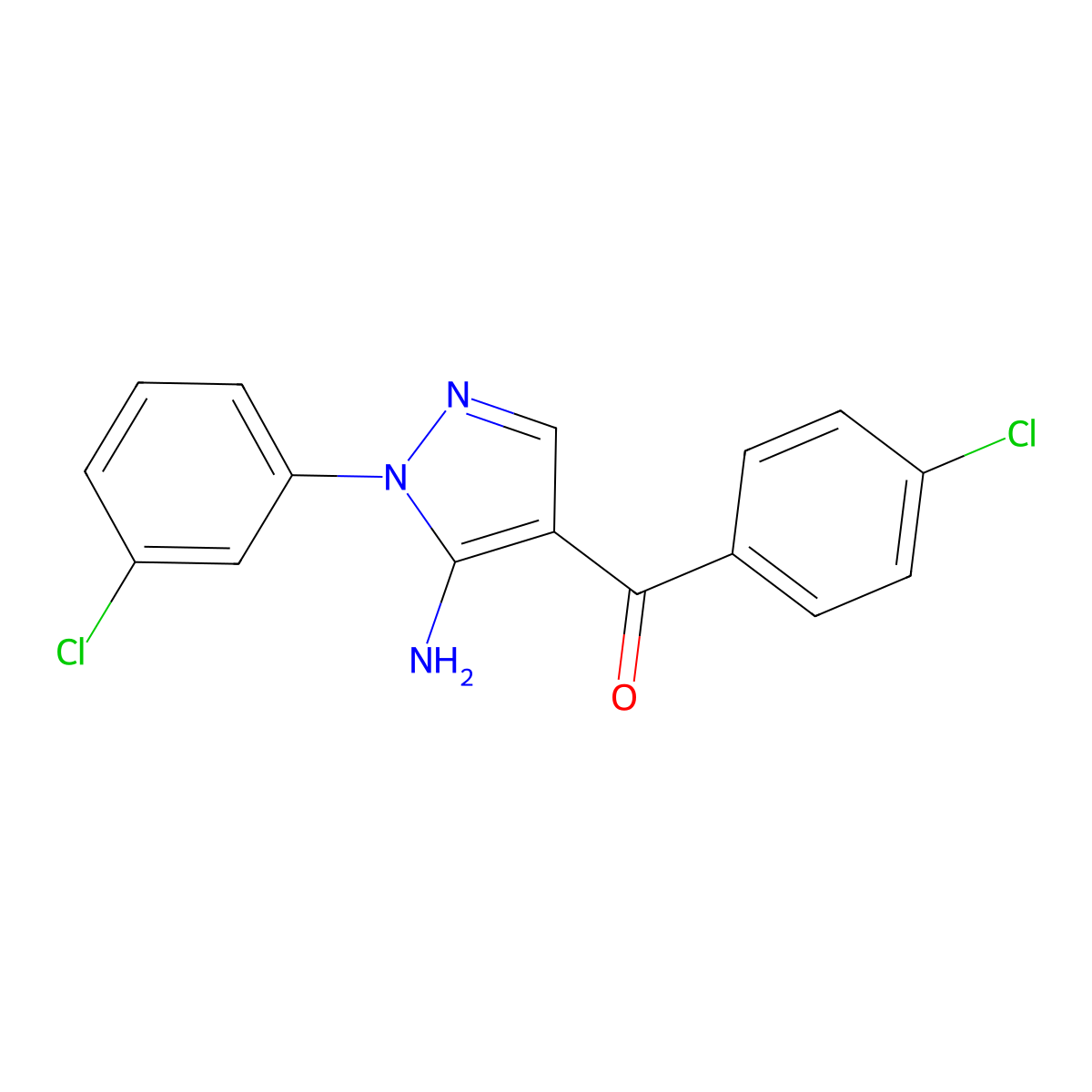 (5-Amino-1-(3-chlorophenyl)-1H-pyrazol-4-YL)(4-chlorophenyl)methanone molecular structure, CAS 618091-50-2