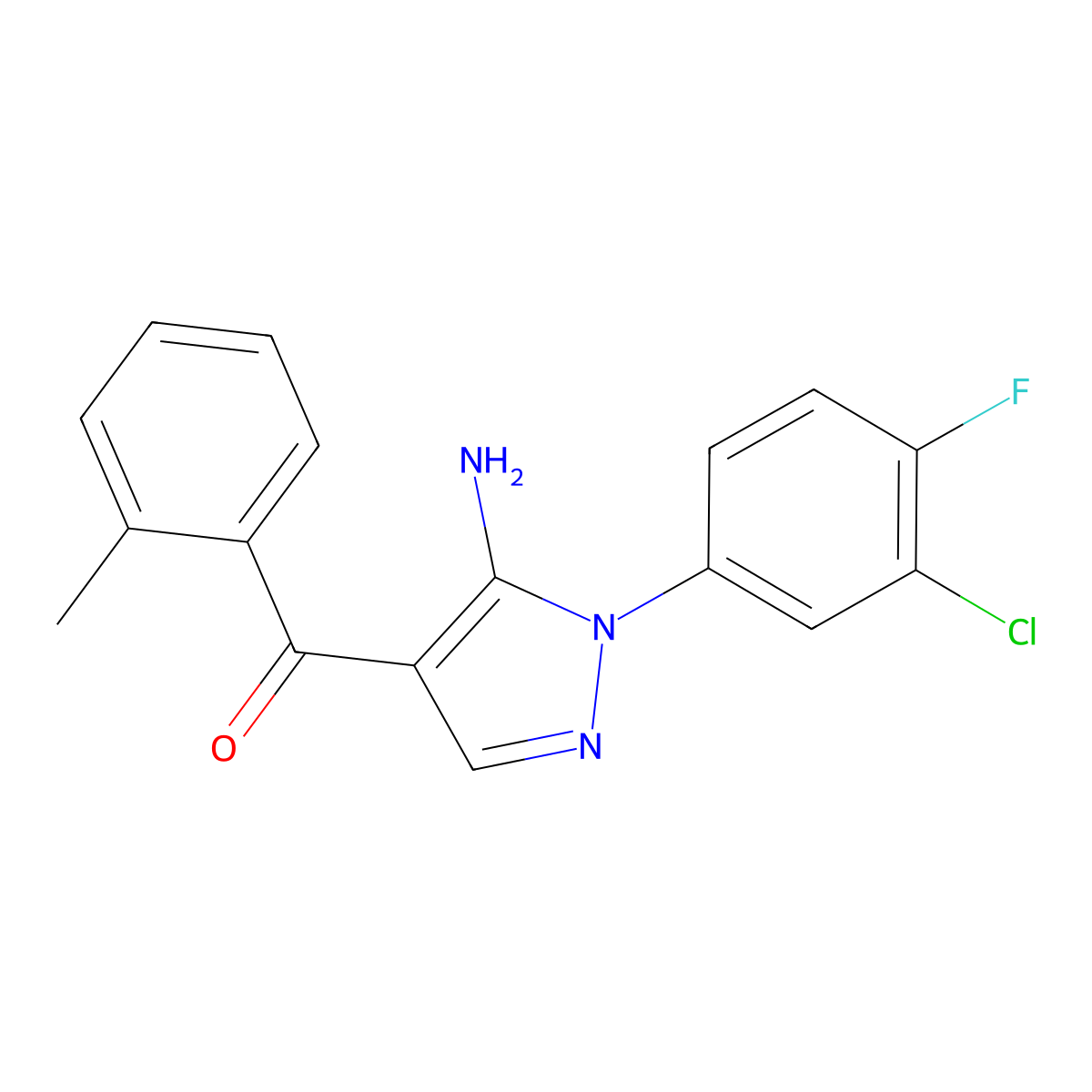 (5-Amino-1-(3-chloro-4-fluorophenyl)-1H-pyrazol-4-YL)(2-methylphenyl)methanone molecular structure, CAS 618092-06-1