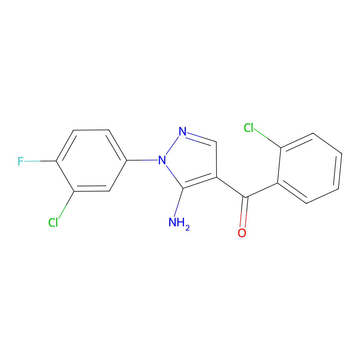 (5-Amino-1-(3-chloro-4-fluorophenyl)-1H-pyrazol-4-YL)(2-chlorophenyl)methanone molecular structure, CAS 618092-08-3