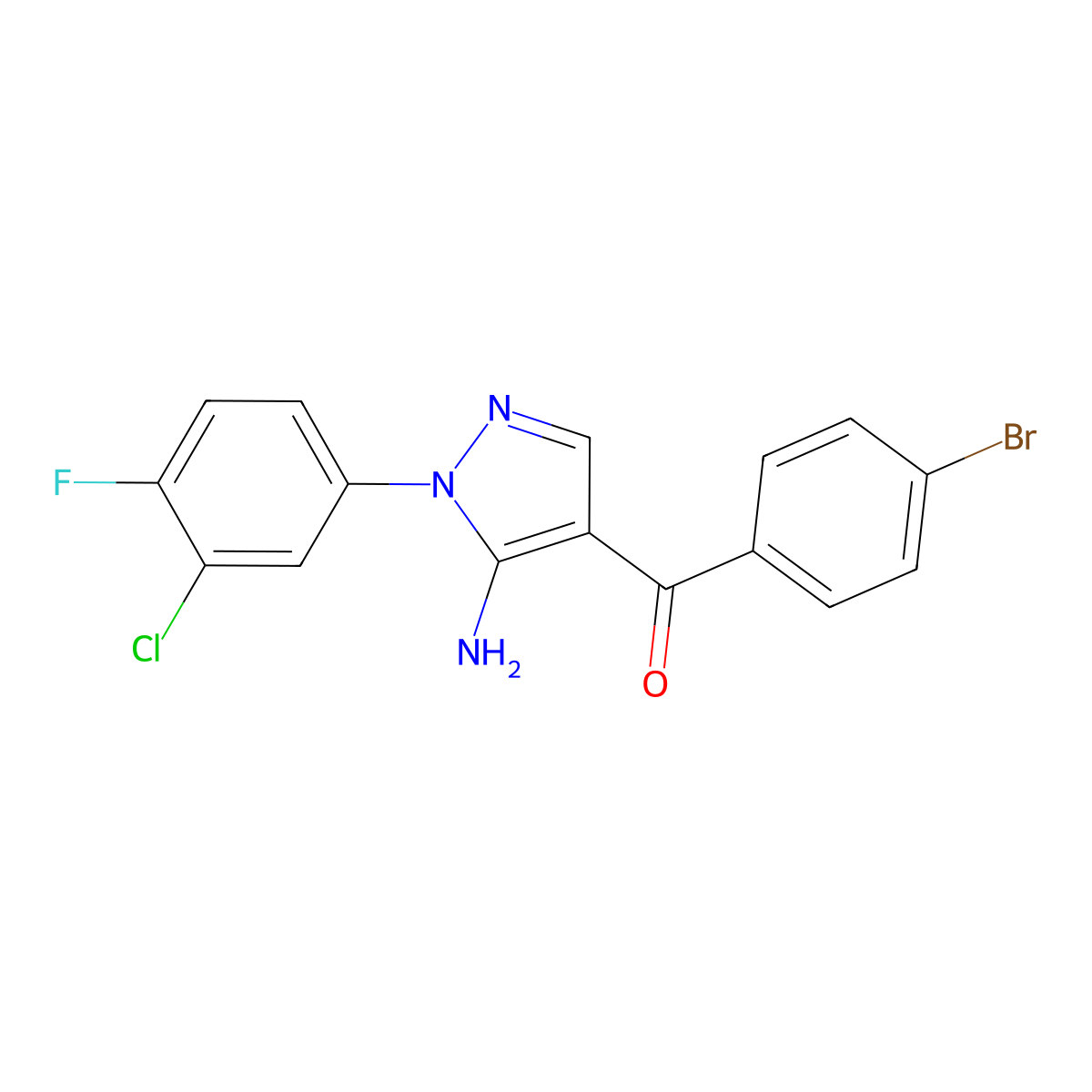 (5-Amino-1-(3-chloro-4-fluorophenyl)-1H-pyrazol-4-YL)(4-bromophenyl)methanone molecular structure, CAS 618092-10-7