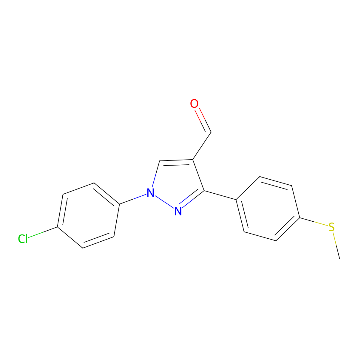 1-(4-Chlorophenyl)-3-(4-(methylsulfanyl)phenyl)-1H-pyrazole-4-carbaldehyde molecular structure, CAS 618098-97-8