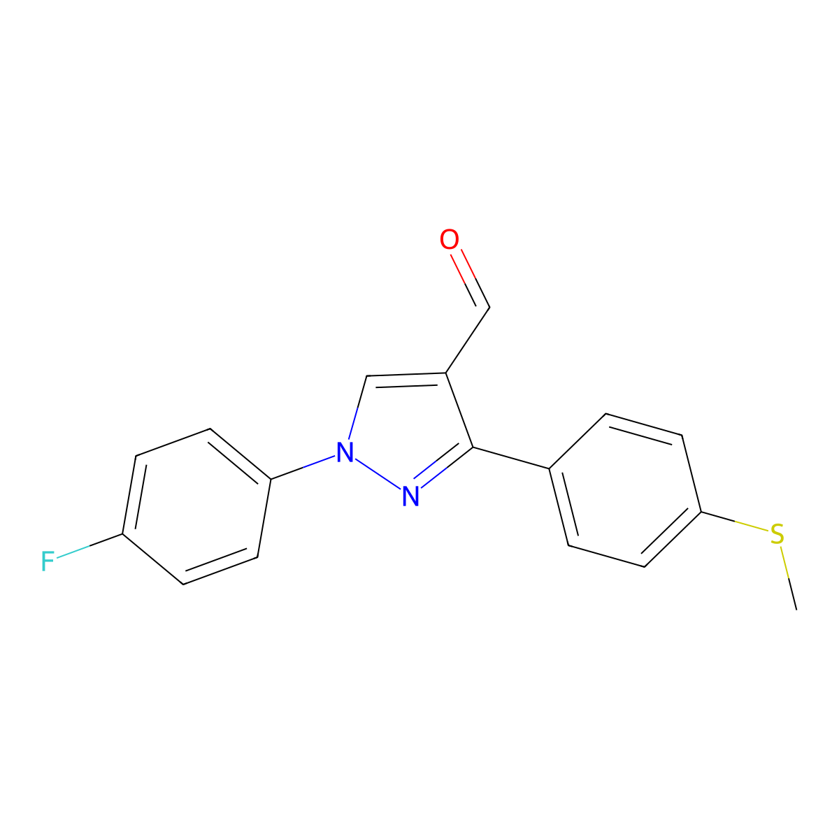 1-(4-Fluorophenyl)-3-(4-(methylsulfanyl)phenyl)-1H-pyrazole-4-carbaldehyde molecular structure, CAS 618101-60-3