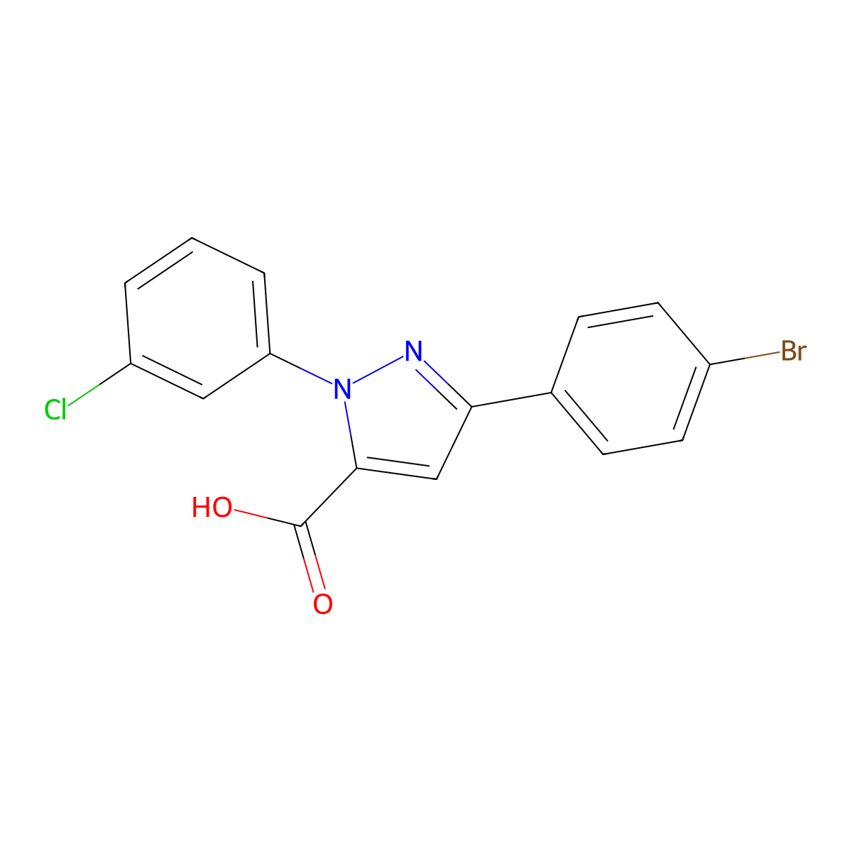 3-(4-Bromophenyl)-1-(3-chlorophenyl)-1H-pyrazole-5-carboxylic acid molecular structure, CAS 618102-65-1
