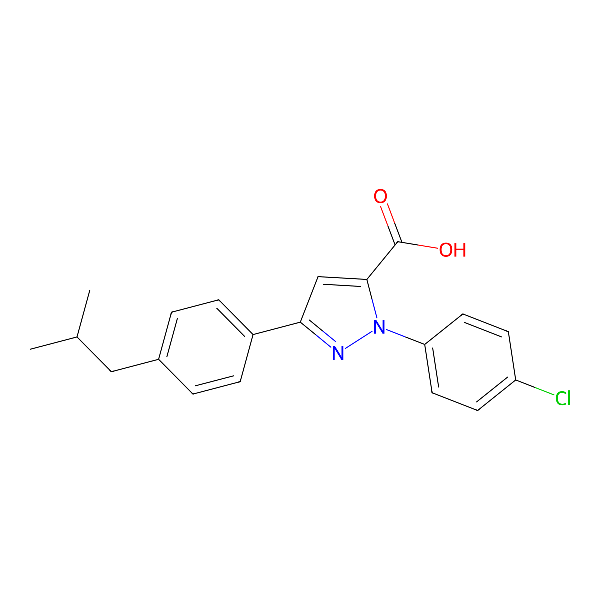 1-(4-Chlorophenyl)-3-(4-isobutylphenyl)-1H-pyrazole-5-carboxylic acid molecular structure, CAS 618102-92-4