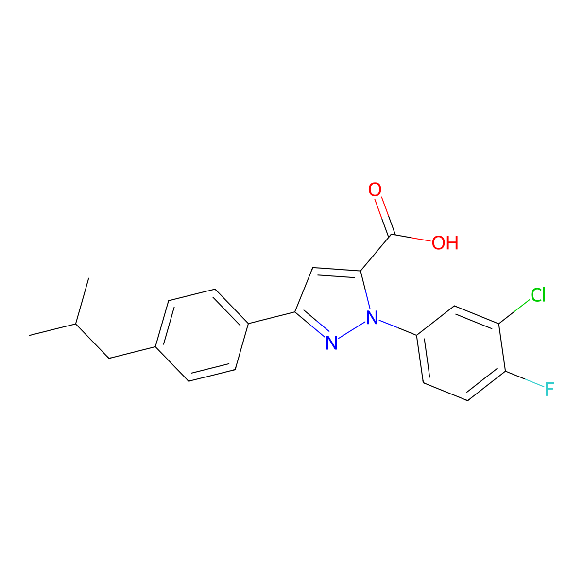 1-(3-Chloro-4-fluorophenyl)-3-(4-isobutylphenyl)-1H-pyrazole-5-carboxylic acid molecular structure, CAS 618102-96-8