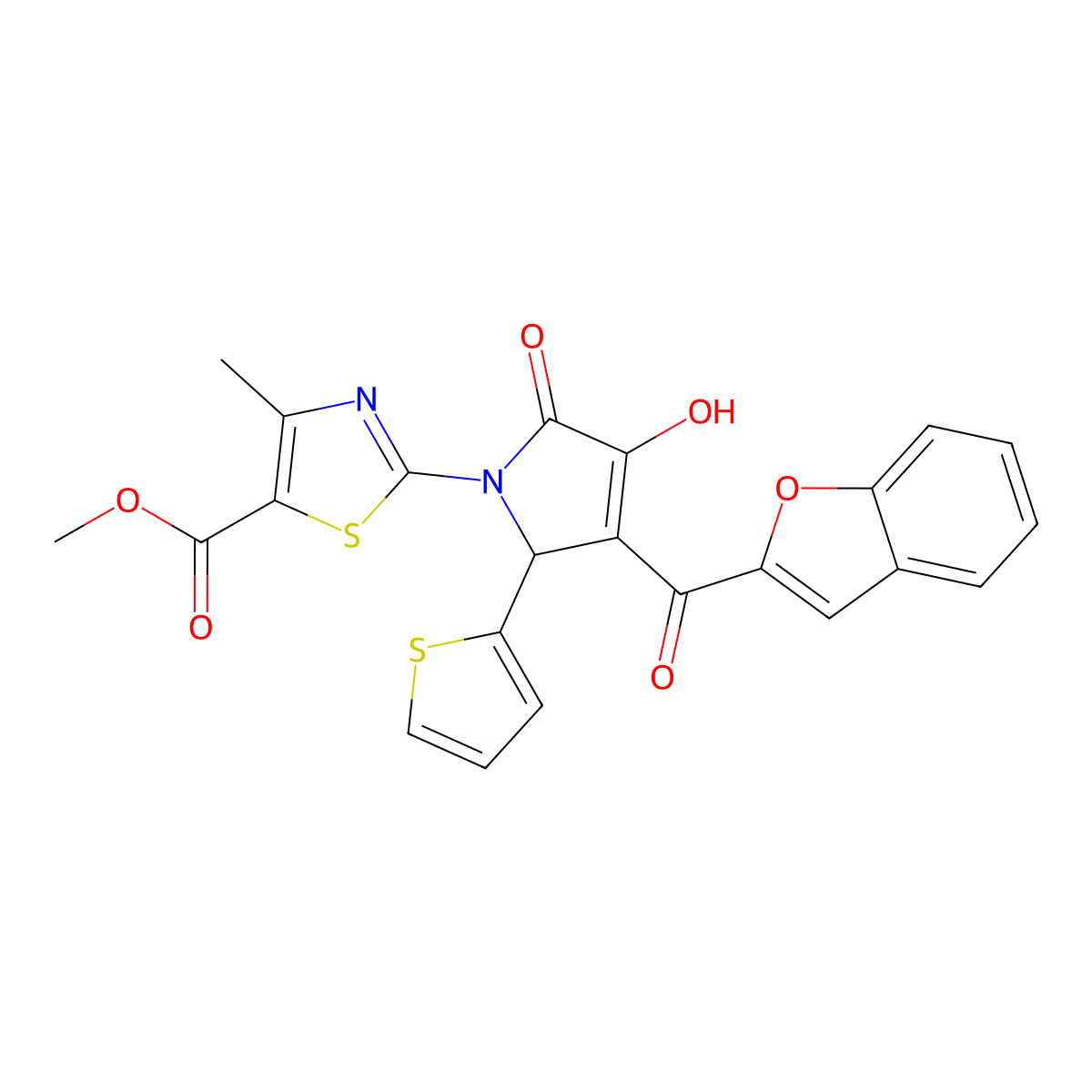 methyl 2-[3-(1-benzofuran-2-ylcarbonyl)-4-hydroxy-5-oxo-2-(thiophen-2-yl)-2,5-dihydro-1H-pyrrol-1-yl]-4-methyl-1,3-thiazole-5-carboxylate molecular structure, CAS 618366-76-0