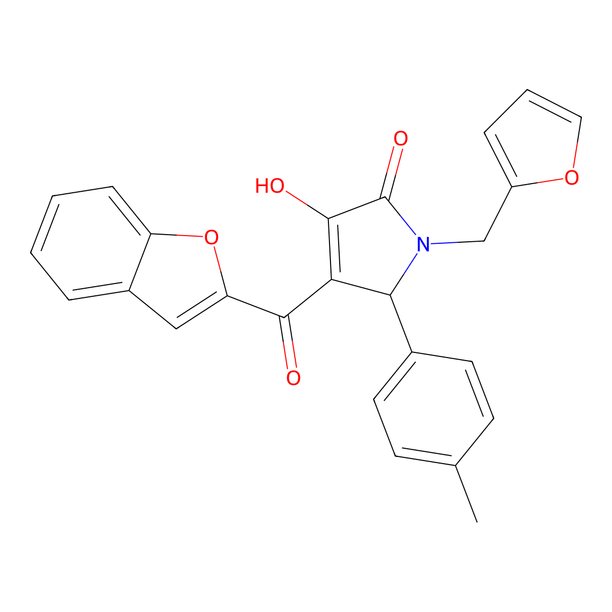 4-(1-benzofuran-2-ylcarbonyl)-1-(furan-2-ylmethyl)-3-hydroxy-5-(4-methylphenyl)-1,5-dihydro-2H-pyrrol-2-one molecular structure, CAS 618368-41-5