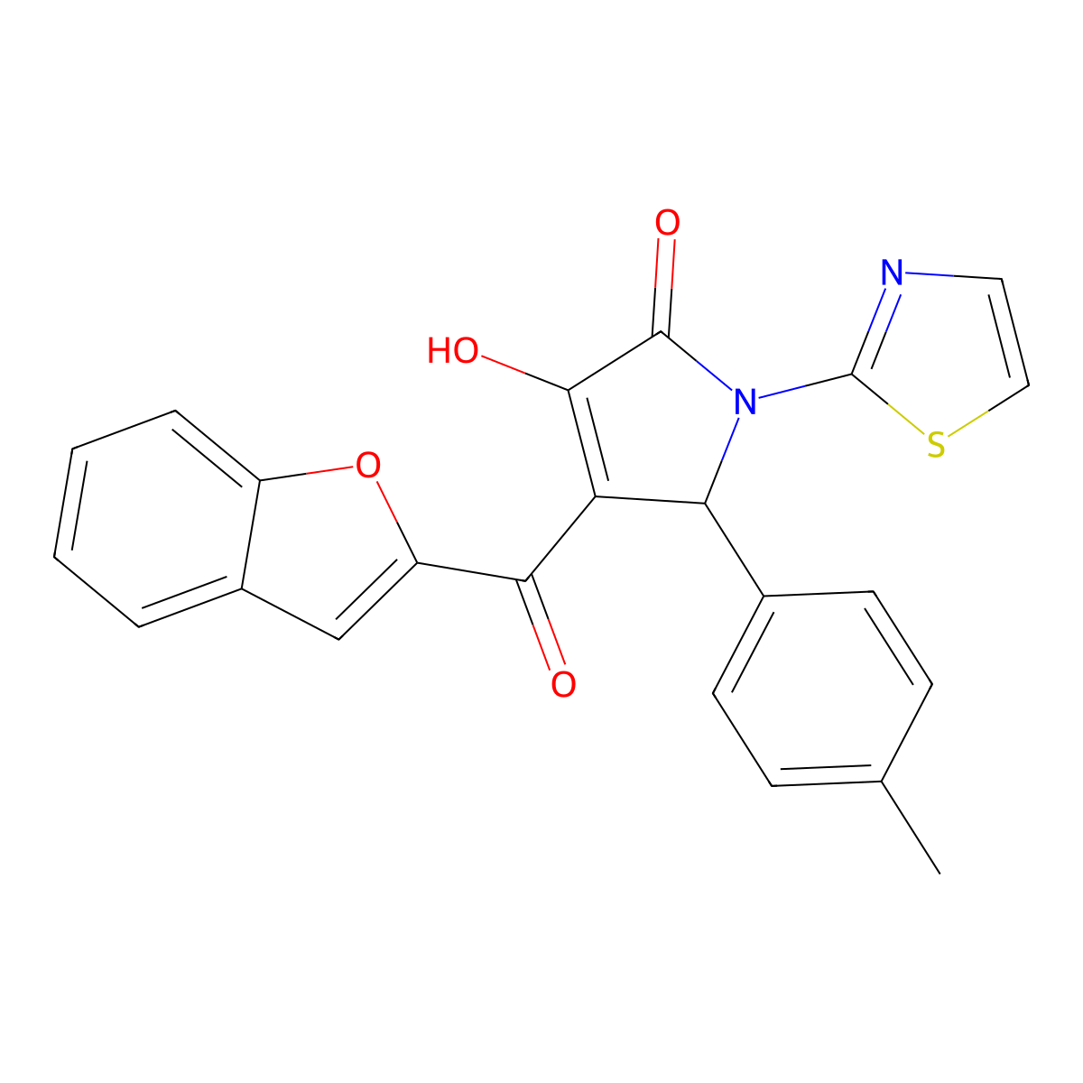 (4E)-4-[1-benzofuran-2-yl(hydroxy)methylidene]-5-(4-methylphenyl)-1-(1,3-thiazol-2-yl)pyrrolidine-2,3-dione molecular structure, CAS 618369-76-9