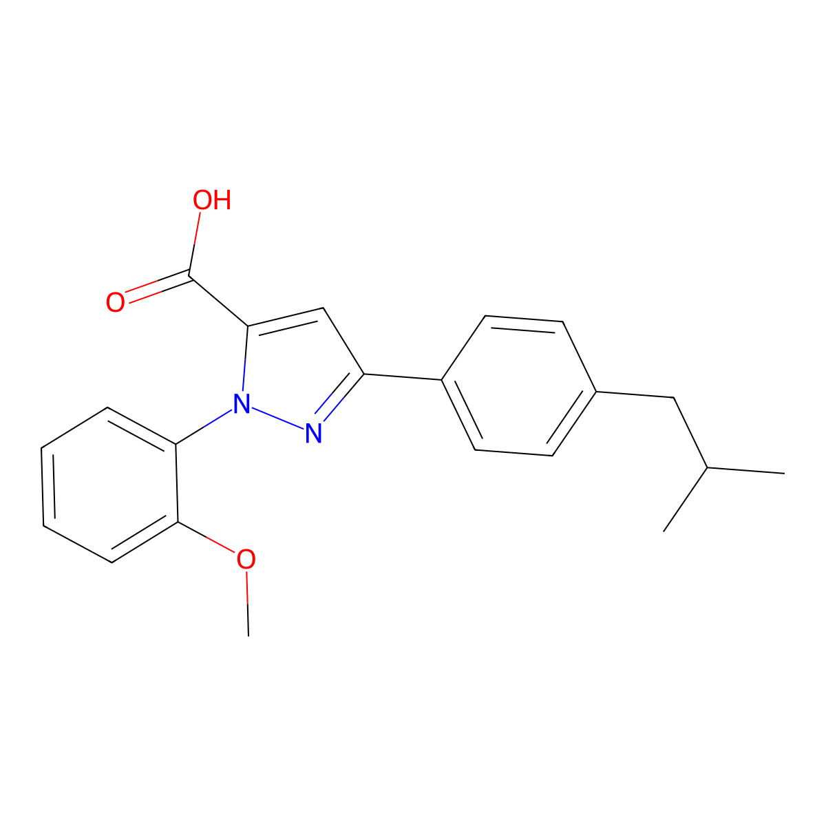 3-(4-Isobutylphenyl)-1-(2-methoxyphenyl)-1H-pyrazole-5-carboxylic acid molecular structure, CAS 618382-75-5