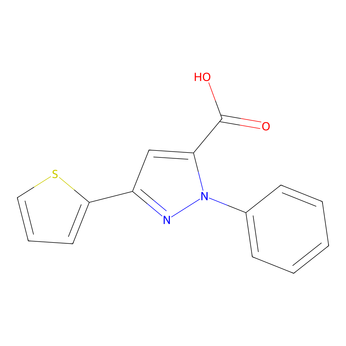 2-Phenyl-5-thiophen-2-yl-2H-pyrazole-3-carboxylic acid molecular structure, CAS 618382-77-7