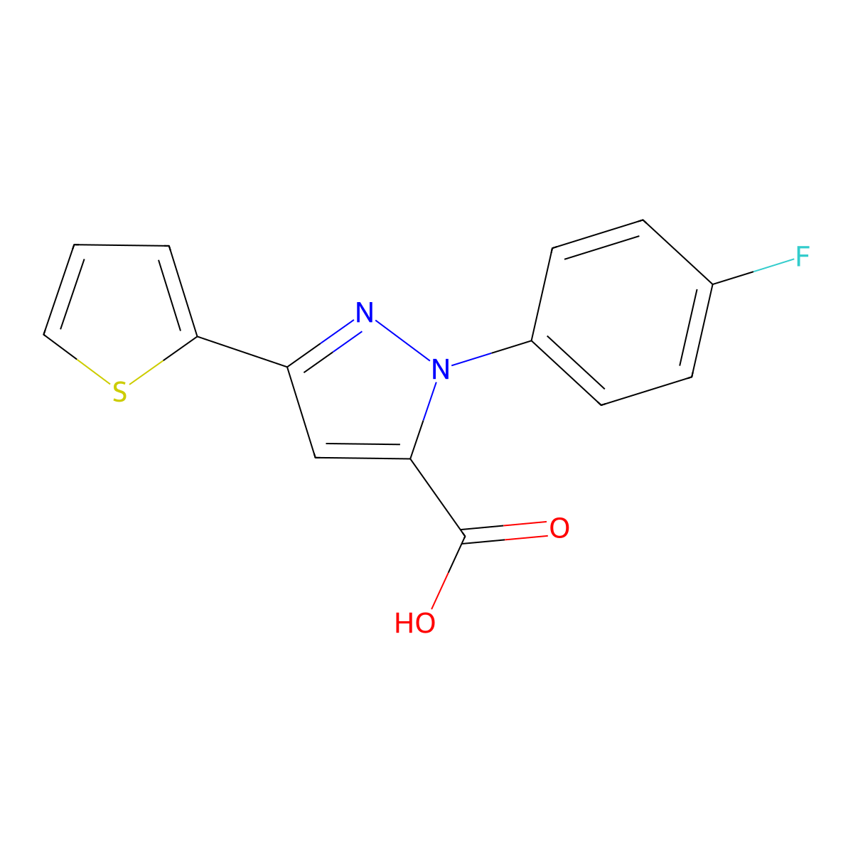 1-(4-fluorophenyl)-3-(thiophen-2-yl)-1H-pyrazole-5-carboxylic acid molecular structure, CAS 618382-80-2