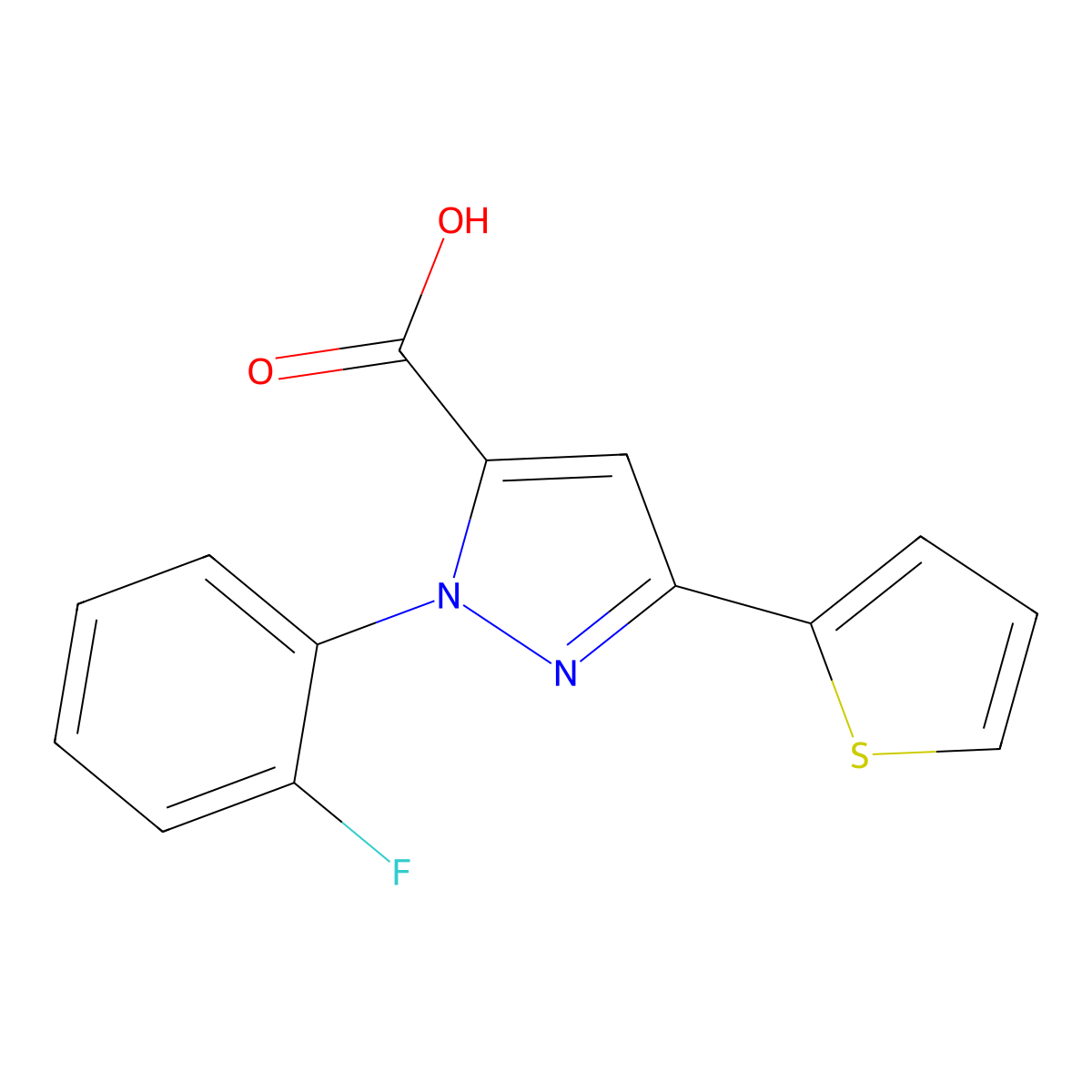 1-(2-Fluorophenyl)-3-(thiophen-2-YL)-1H-pyrazole-5-carboxylic acid molecular structure, CAS 618382-82-4
