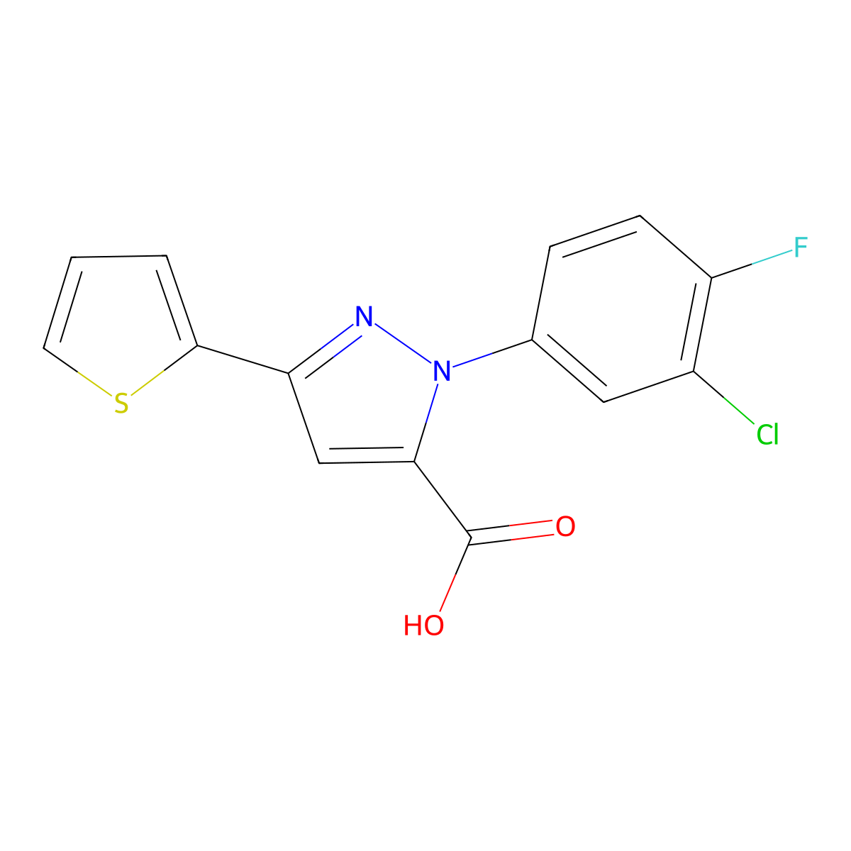 1-(3-Chloro-4-fluorophenyl)-3-(2-thienyl)-1H-pyrazole-5-carboxylic acid molecular structure, CAS 618382-87-9