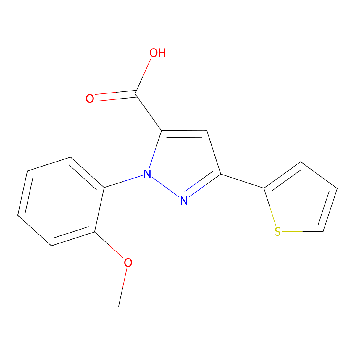 1-(2-Methoxyphenyl)-3-(thiophen-2-YL)-1H-pyrazole-5-carboxylic acid molecular structure, CAS 618382-89-1