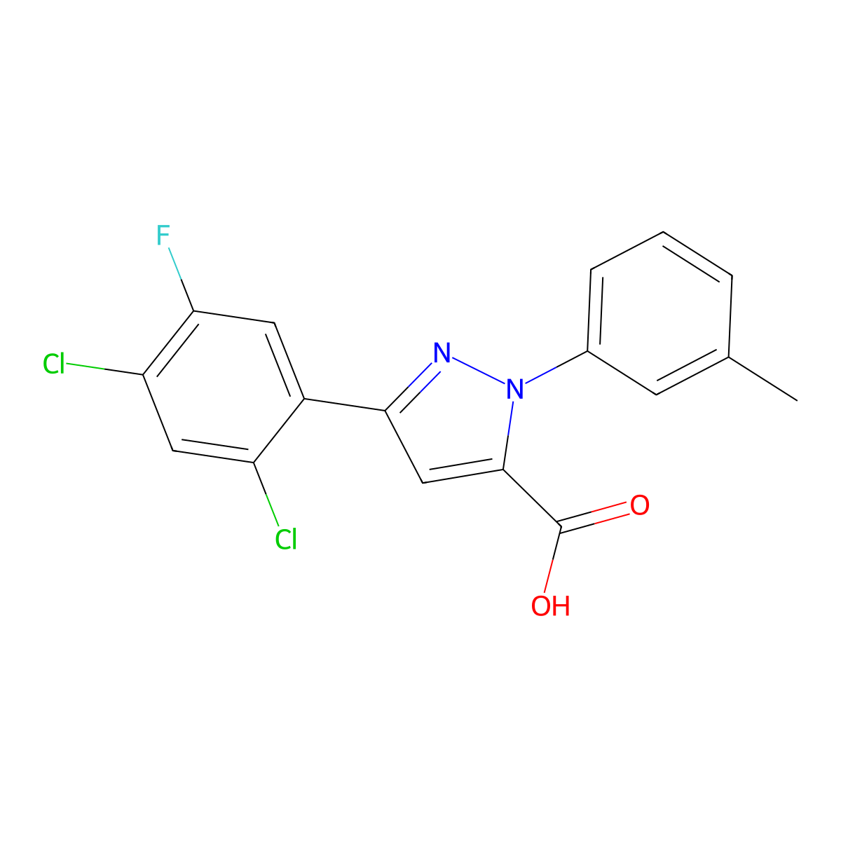 3-(2,4-Dichloro-5-fluorophenyl)-1-(3-methylphenyl)-1H-pyrazole-5-carboxylic acid molecular structure, CAS 618382-90-4