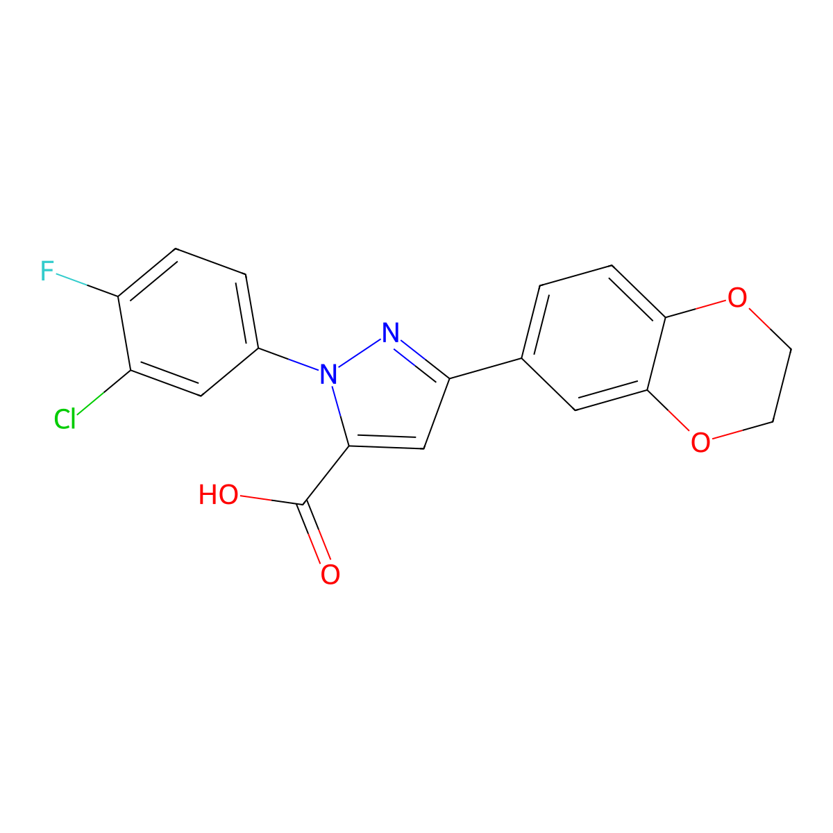 1-(3-Chloro-4-fluorophenyl)-3-(2,3-dihydrobenzo[b][1,4]dioxin-6-yl)-1H-pyrazole-5-carboxylic acid molecular structure, CAS 618383-07-6