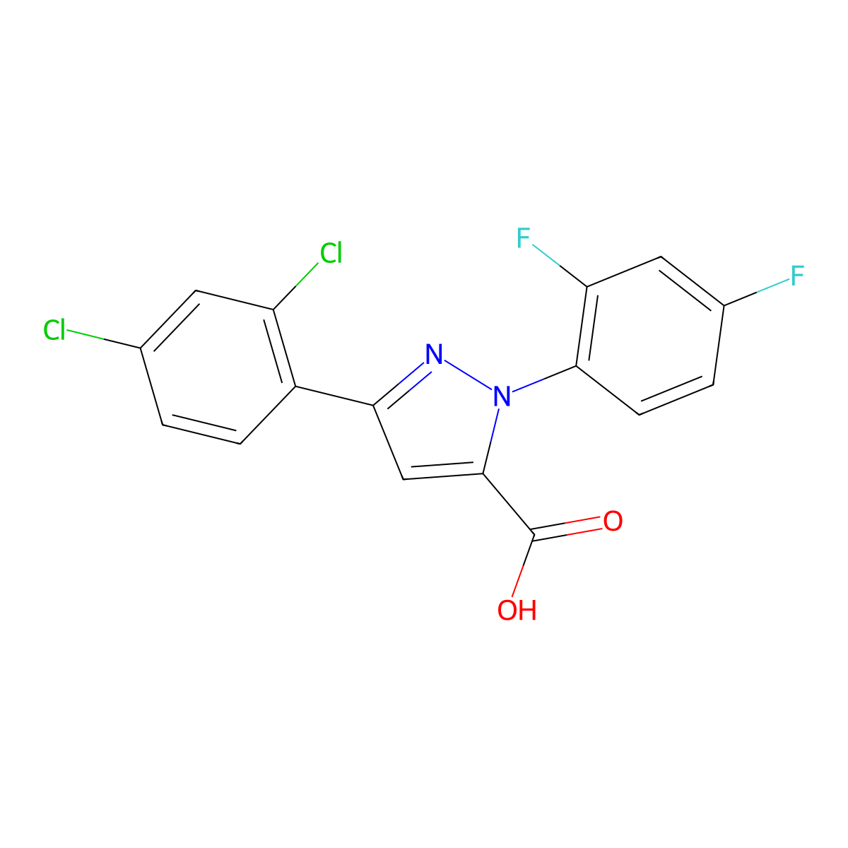 3-(2,4-Dichlorophenyl)-1-(2,4-difluorophenyl)-1H-pyrazole-5-carboxylic acid molecular structure, CAS 618383-10-1