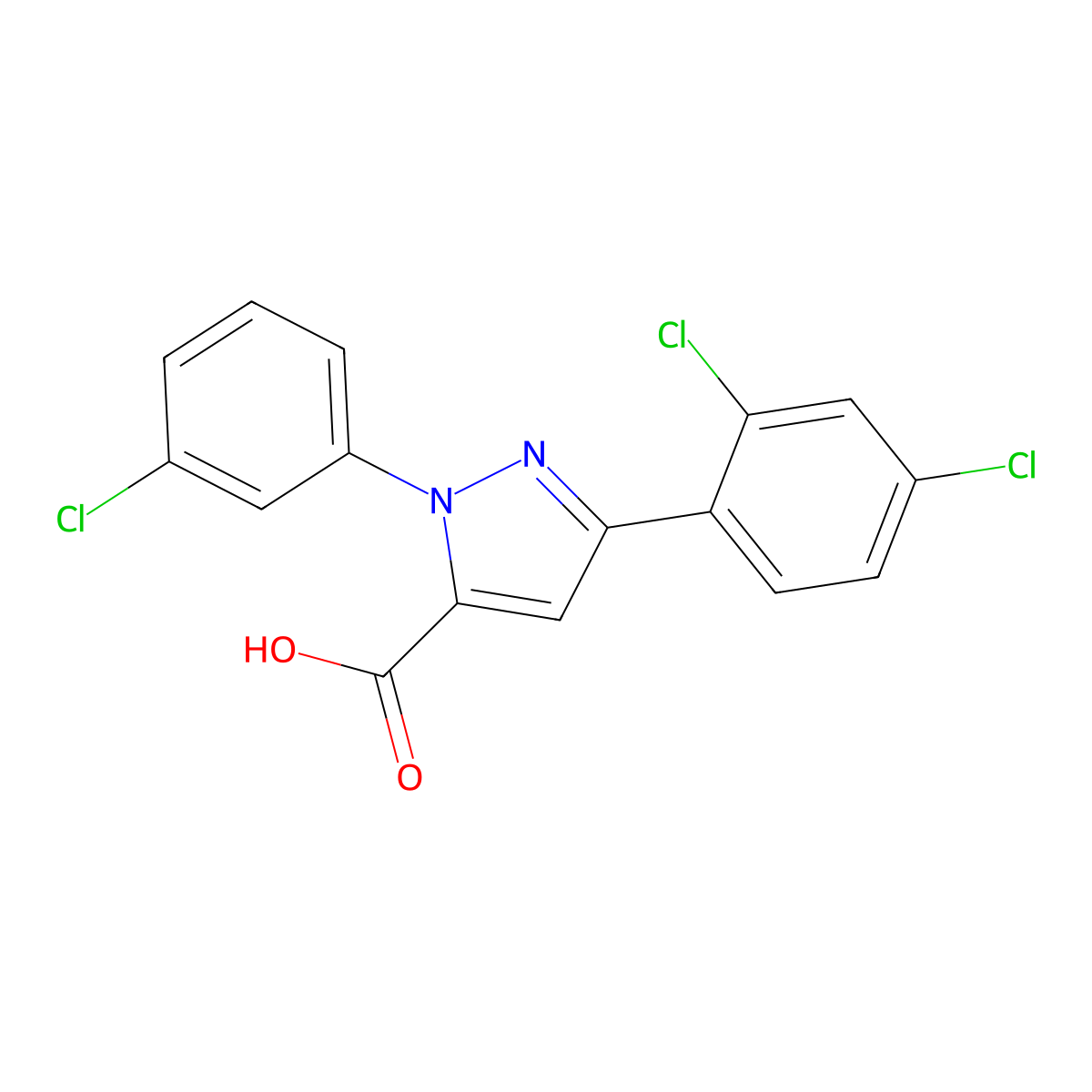 1-(3-Chlorophenyl)-3-(2,4-dichlorophenyl)-1H-pyrazole-5-carboxylic acid molecular structure, CAS 618383-14-5