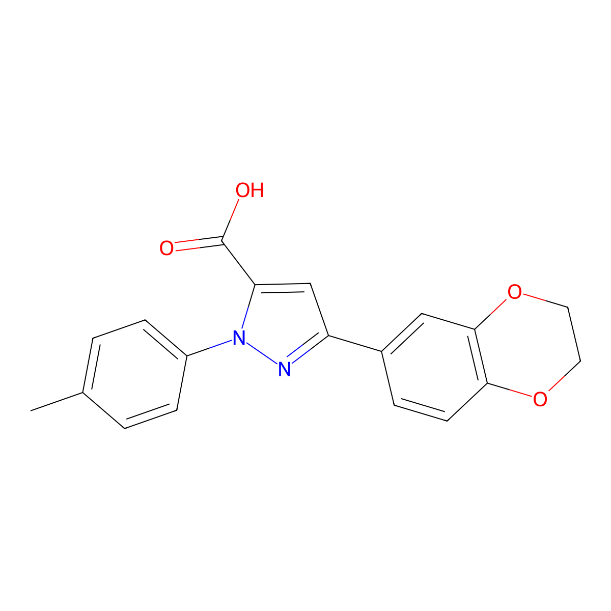 3-(2,3-Dihydrobenzo[B][1,4]dioxin-7-YL)-1-P-tolyl-1H-pyrazole-5-carboxylic acid molecular structure, CAS 618383-18-9