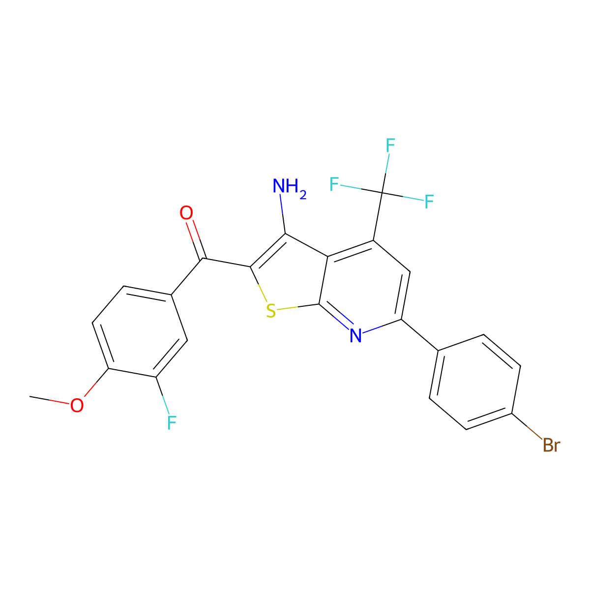 (3-Amino-6-(4-bromophenyl)-4-(trifluoromethyl)thieno(2,3-b)pyridin-2-yl)(3-fluoro-4-methoxyphenyl)methanone molecular structure, CAS 618383-52-1