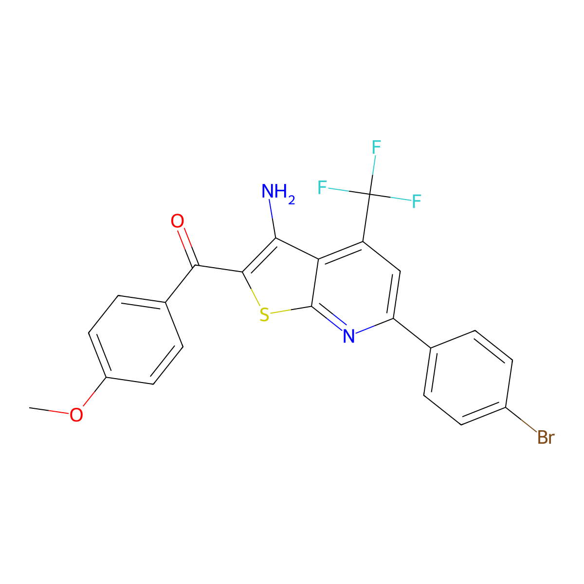 (3-Amino-6-(4-bromophenyl)-4-(trifluoromethyl)thieno(2,3-B)pyridin-2-YL)(4-methoxyphenyl)methanone molecular structure, CAS 618383-57-6
