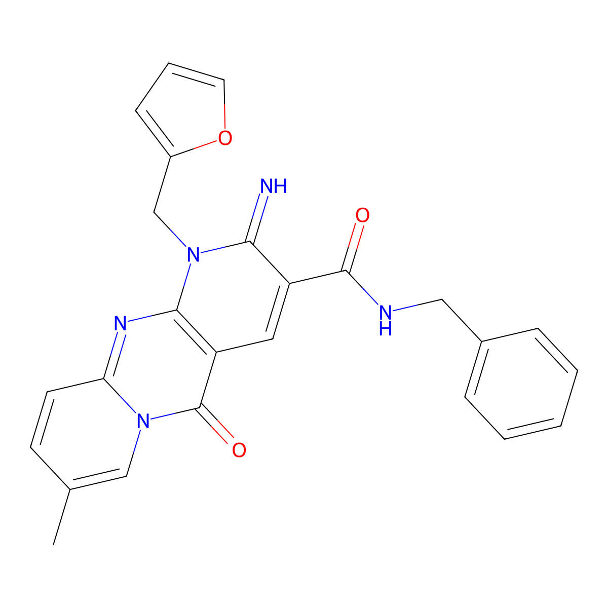 N-Benzyl-1-(2-furylmethyl)-2-imino-8-methyl-5-oxo-1,5-dihydro-2H-dipyrido(1,2-A:2,3-D)pyrimidine-3-carboxamide molecular structure, CAS 618383-66-7
