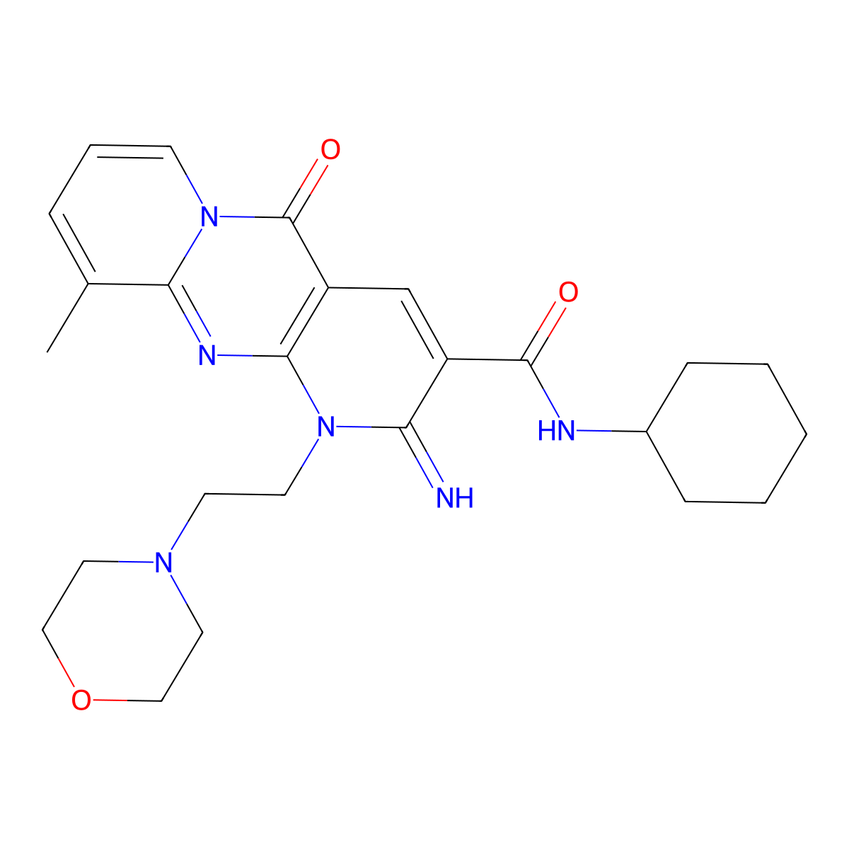 N-Cyclohexyl-2-imino-10-methyl-1-(2-(4-morpholinyl)ethyl)-5-oxo-1,5-dihydro-2H-dipyrido(1,2-A:2,3-D)pyrimidine-3-carboxamide molecular structure, CAS 618383-69-0