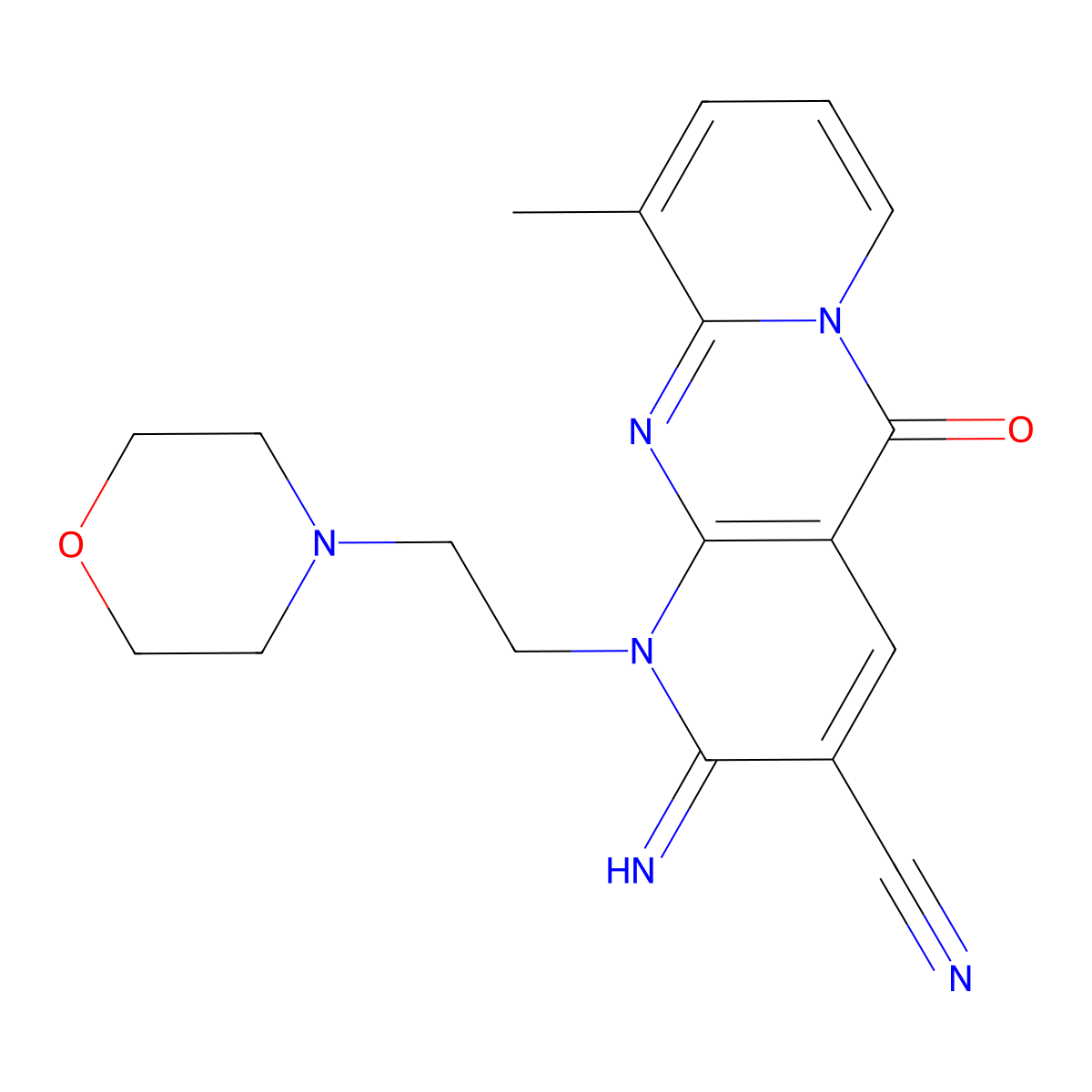 2-Imino-10-methyl-1-(2-(4-morpholinyl)ethyl)-5-oxo-1,5-dihydro-2H-dipyrido(1,2-A:2,3-D)pyrimidine-3-carbonitrile molecular structure, CAS 618383-70-3