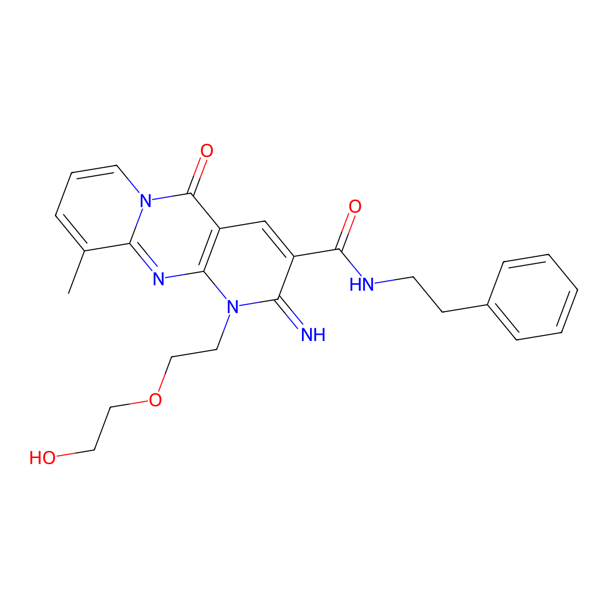 1-(2-(2-Hydroxyethoxy)ethyl)-2-imino-10-methyl-5-oxo-N-(2-phenylethyl)-1,5-dihydro-2H-dipyrido(1,2-A:2,3-D)pyrimidine-3-carboxamide molecular structure, CAS 618383-72-5