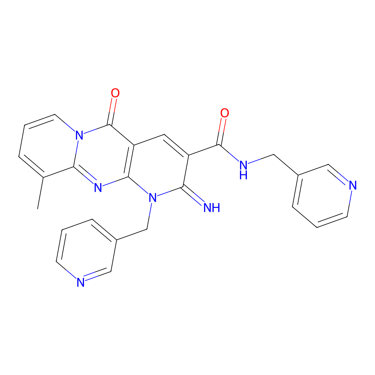 2-Imino-10-methyl-5-oxo-N,1-bis(3-pyridinylmethyl)-1,5-dihydro-2H-dipyrido[1,2-A:2,3-D]pyrimidine-3-carboxamide molecular structure, CAS 618383-74-7