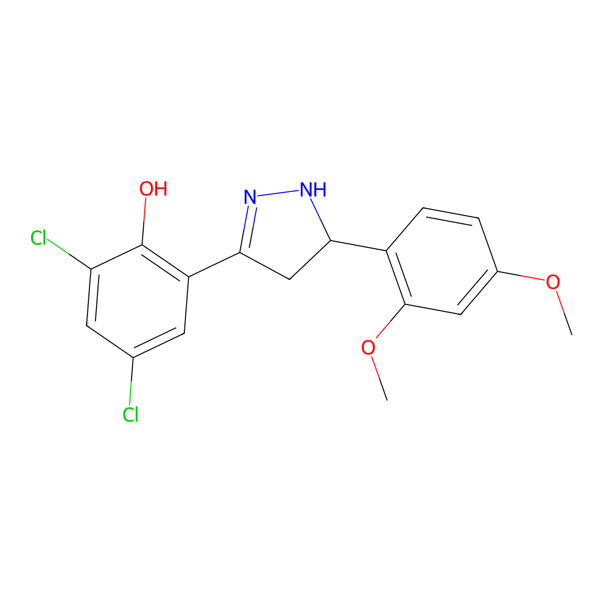2,4-dichloro-6-(5-(2,4-dimethoxyphenyl)-4,5-dihydro-1H-pyrazol-3-yl)phenol molecular structure, CAS 618389-02-9