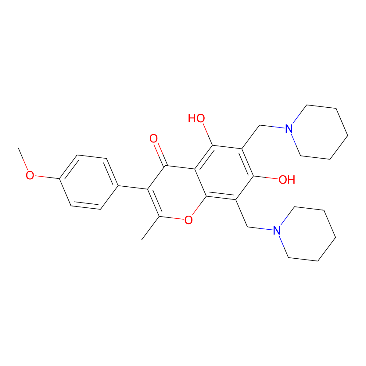 5,7-dihydroxy-3-(4-methoxyphenyl)-2-methyl-6,8-bis(piperidin-1-ylmethyl)-4H-chromen-4-one molecular structure, CAS 618390-39-9