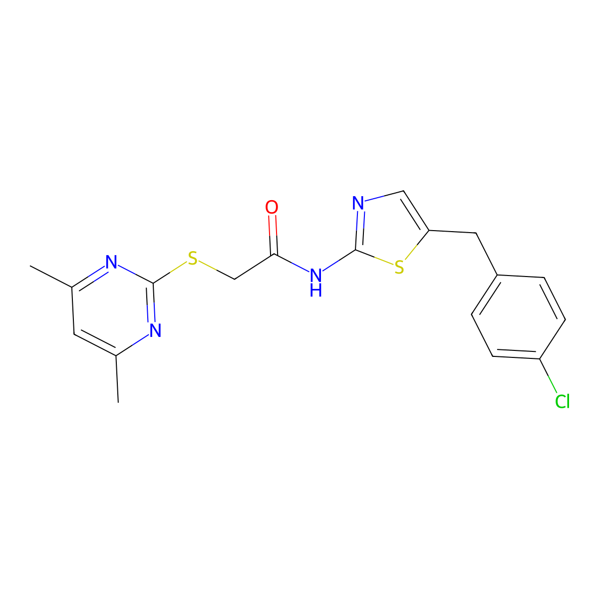 N-(5-(4-chlorobenzyl)thiazol-2-yl)-2-((4,6-dimethylpyrimidin-2-yl)thio)acetamide molecular structure, CAS 618390-84-4