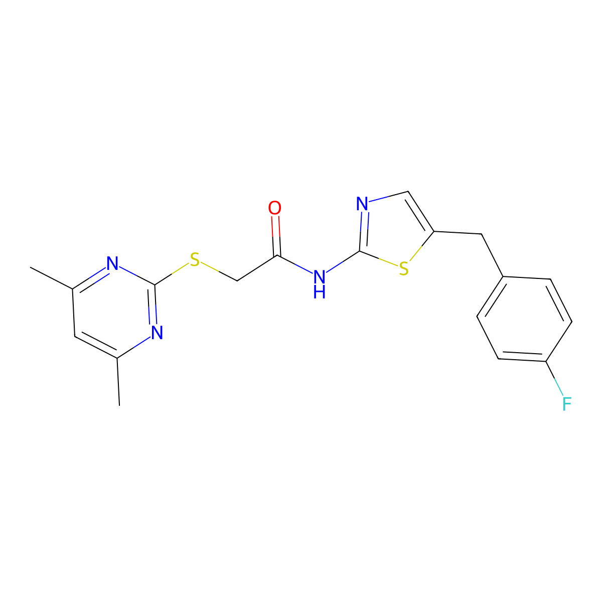 2-[(4,6-dimethylpyrimidin-2-yl)sulfanyl]-N-[5-(4-fluorobenzyl)-1,3-thiazol-2-yl]acetamide molecular structure, CAS 618390-98-0