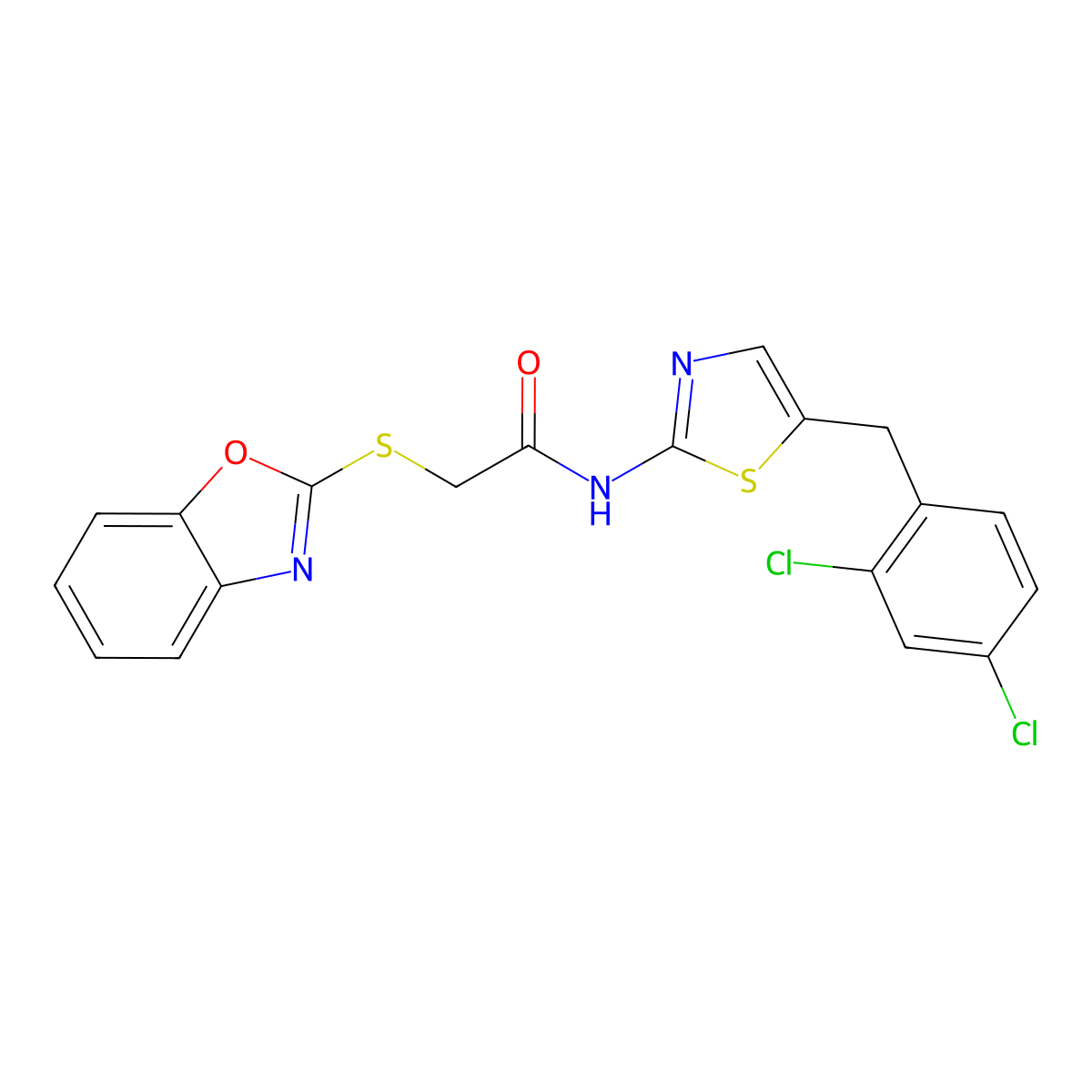 2-(1,3-benzoxazol-2-ylsulfanyl)-N-[5-(2,4-dichlorobenzyl)-1,3-thiazol-2-yl]acetamide molecular structure, CAS 618391-02-9