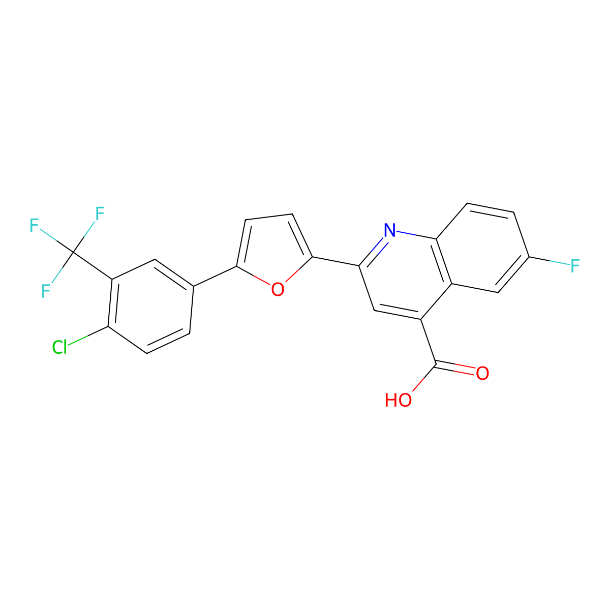 2-{5-[4-Chloro-3-(trifluoromethyl)phenyl]furan-2-yl}-6-fluoroquinoline-4-carboxylic acid molecular structure, CAS 618392-99-7