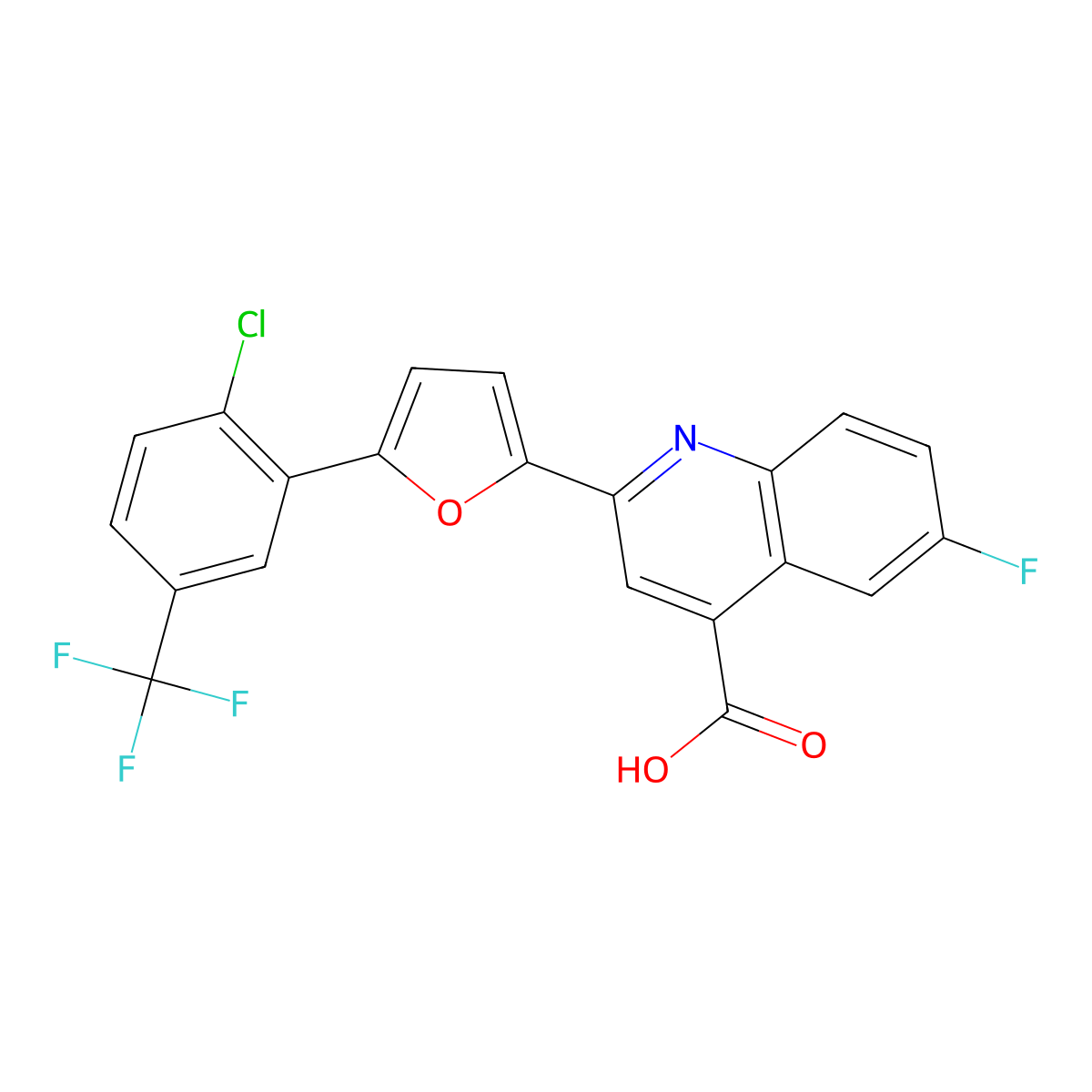 2-{5-[2-Chloro-5-(trifluoromethyl)phenyl]-2-furyl}-6-fluoro-4-quinolinecarboxylic acid molecular structure, CAS 618393-09-2