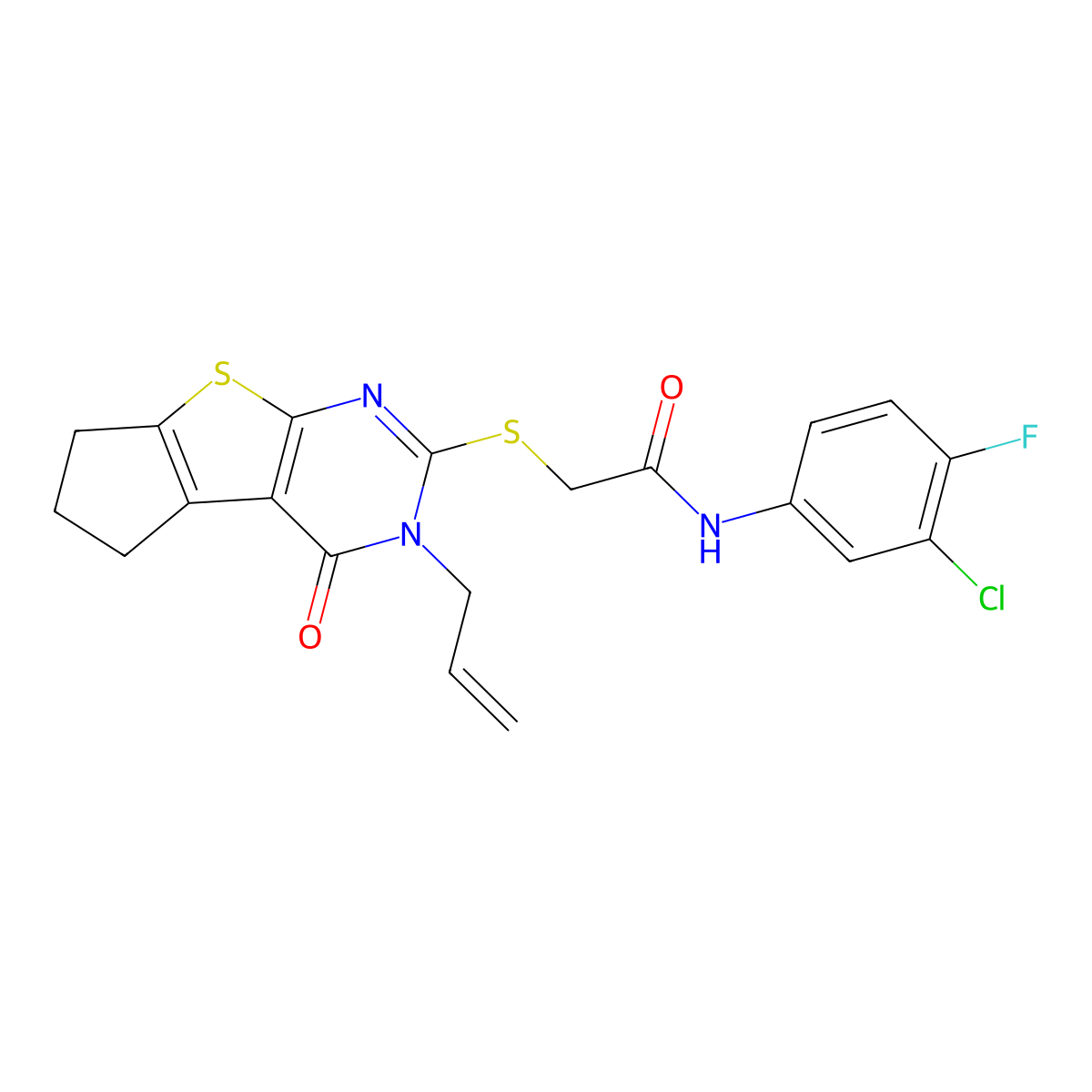 N-(3-chloro-4-fluorophenyl)-2-{[12-oxo-11-(prop-2-en-1-yl)-7-thia-9,11-diazatricyclo[6.4.0.0^{2,6}]dodeca-1(8),2(6),9-trien-10-yl]sulfanyl}acetamide molecular structure, CAS 618393-14-9