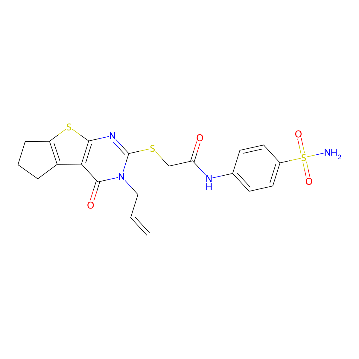 2-{[12-oxo-11-(prop-2-en-1-yl)-7-thia-9,11-diazatricyclo[6.4.0.0^{2,6}]dodeca-1(8),2(6),9-trien-10-yl]sulfanyl}-N-(4-sulfamoylphenyl)acetamide molecular structure, CAS 618393-23-0