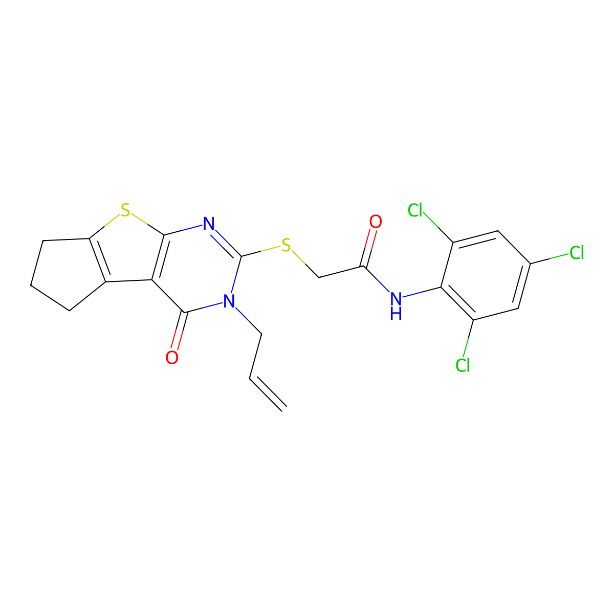 2-{[12-oxo-11-(prop-2-en-1-yl)-7-thia-9,11-diazatricyclo[6.4.0.0^{2,6}]dodeca-1(8),2(6),9-trien-10-yl]sulfanyl}-N-(2,4,6-trichlorophenyl)acetamide molecular structure, CAS 618393-26-3
