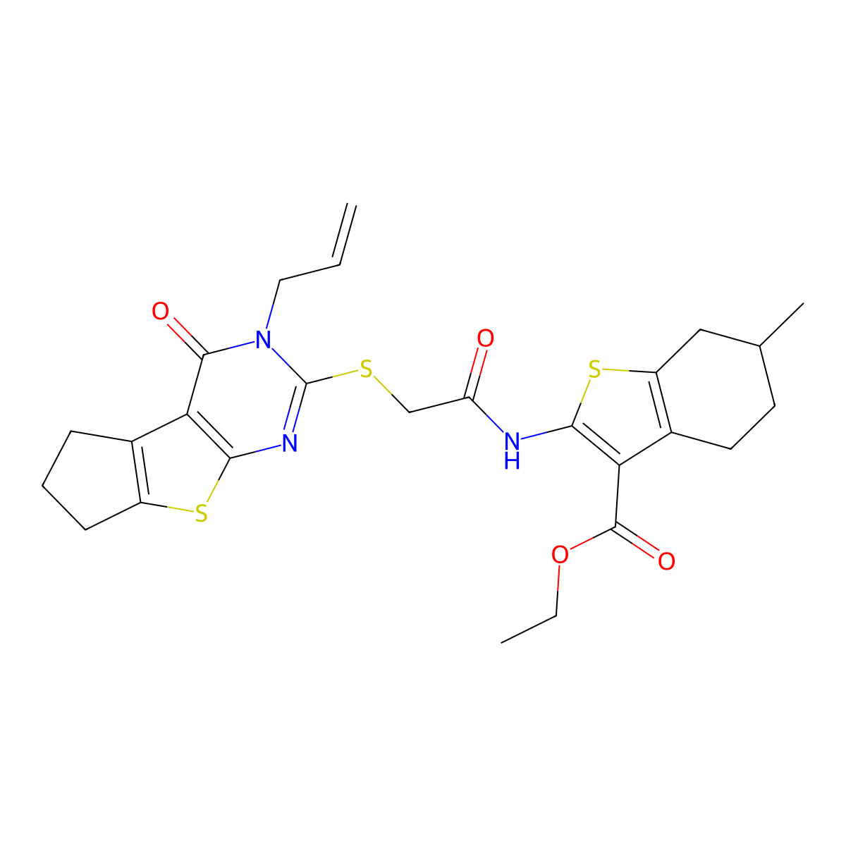 ethyl 2-(2-((3-allyl-4-oxo-4,5,6,7-tetrahydro-3H-cyclopenta[4,5]thieno[2,3-d]pyrimidin-2-yl)thio)acetamido)-6-methyl-4,5,6,7-tetrahydrobenzo[b]thiophene-3-carboxylate molecular structure, CAS 618393-38-7