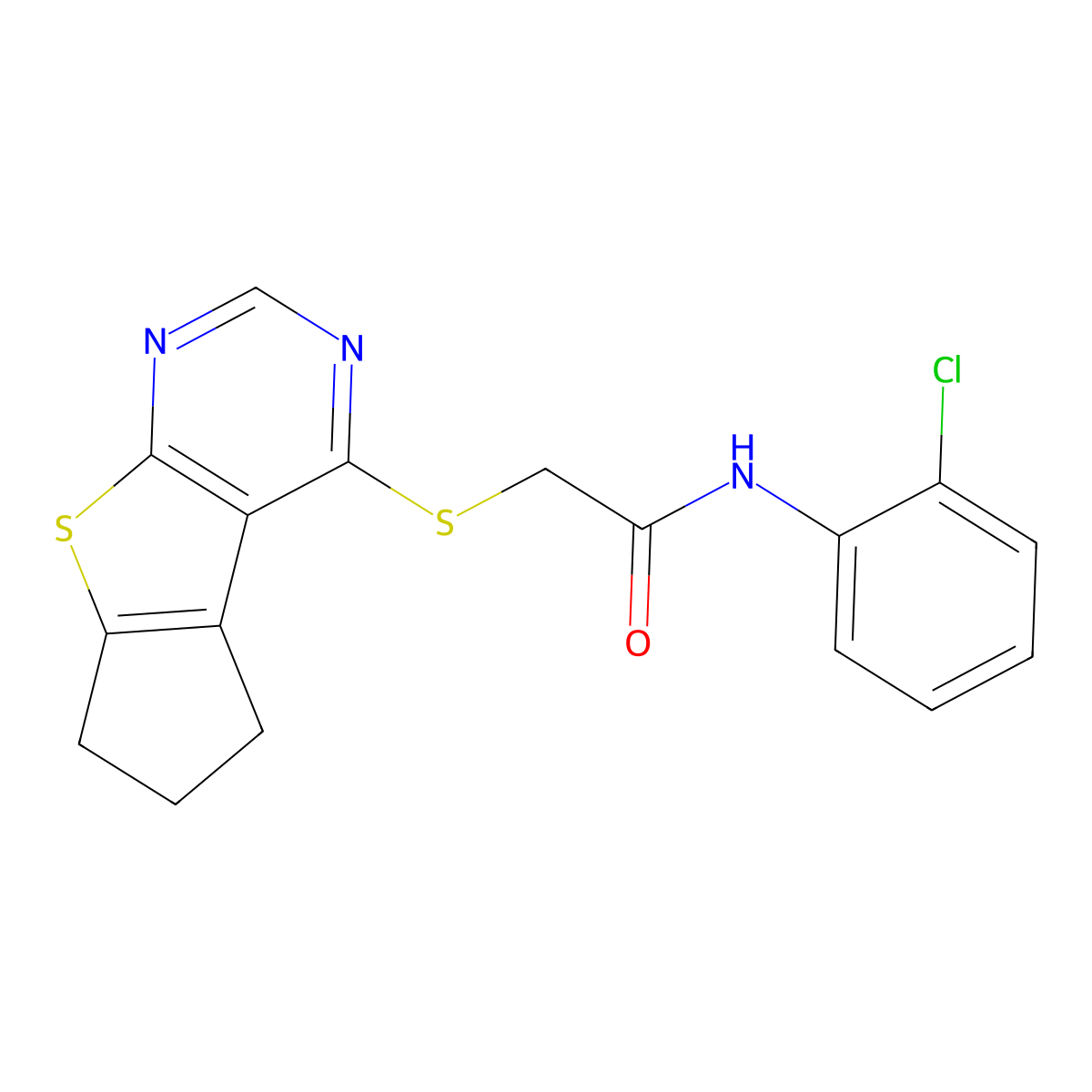 N-(2-chlorophenyl)-2-(5,6,7-trihydrocyclopenta[1,2-d]pyrimidino[4,5-b]thiophen-4-ylthio)acetamide molecular structure, CAS 618394-13-1