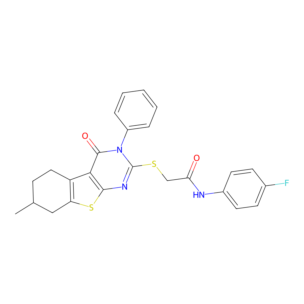 N-(4-fluorophenyl)-2-[(7-methyl-4-oxo-3-phenyl-5,6,7,8-tetrahydro-[1]benzothiolo[2,3-d]pyrimidin-2-yl)sulfanyl]acetamide molecular structure, CAS 618394-61-9