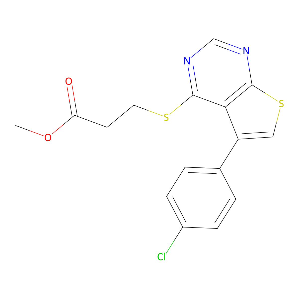 Methyl 3-{[5-(4-chlorophenyl)thieno[2,3-d]pyrimidin-4-yl]sulfanyl}propanoate molecular structure, CAS 618394-79-9