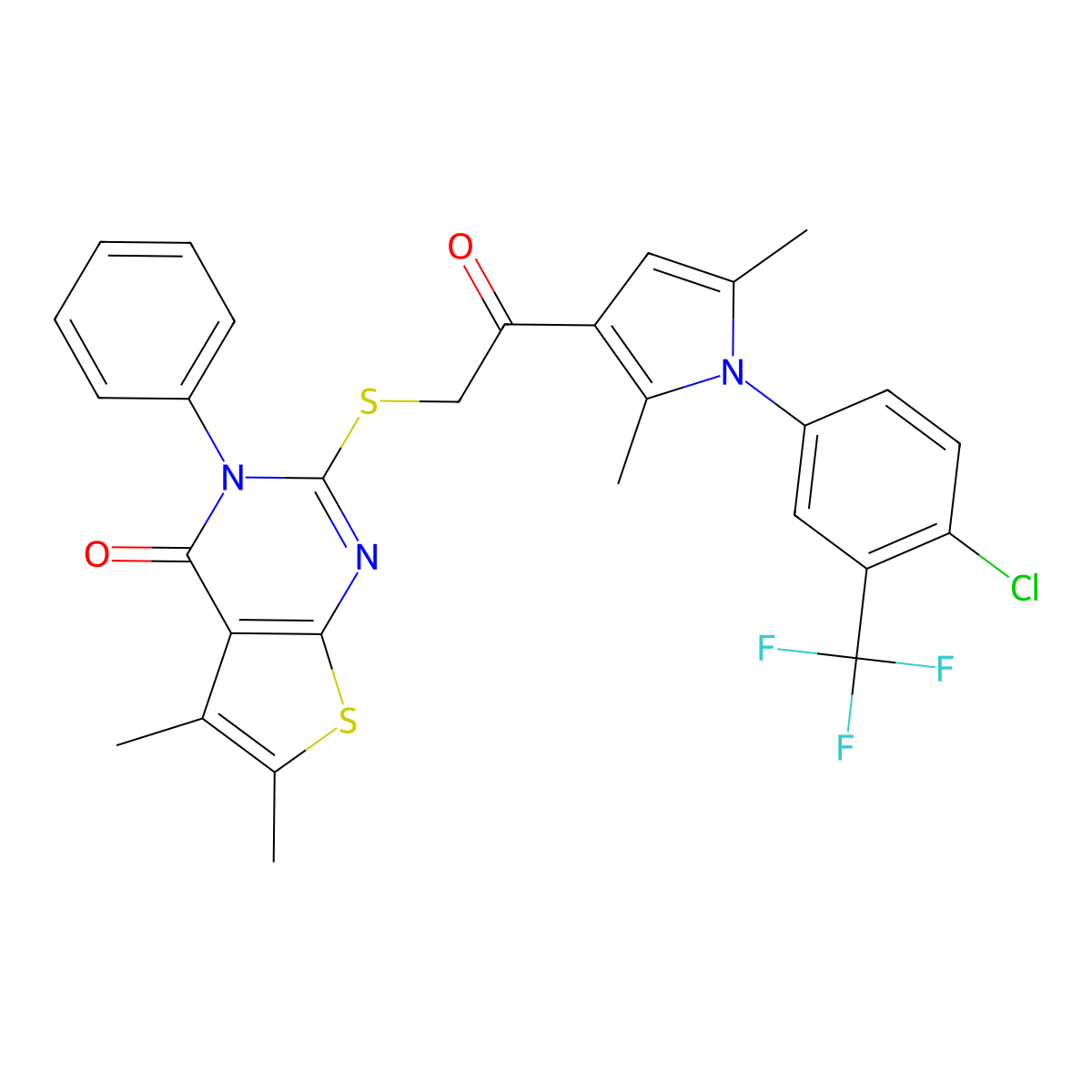2-[2-[1-[4-Chloro-3-(trifluoromethyl)phenyl]-2,5-dimethylpyrrol-3-yl]-2-oxoethyl]sulfanyl-5,6-dimethyl-3-phenylthieno[2,3-d]pyrimidin-4-one molecular structure, CAS 618395-10-1